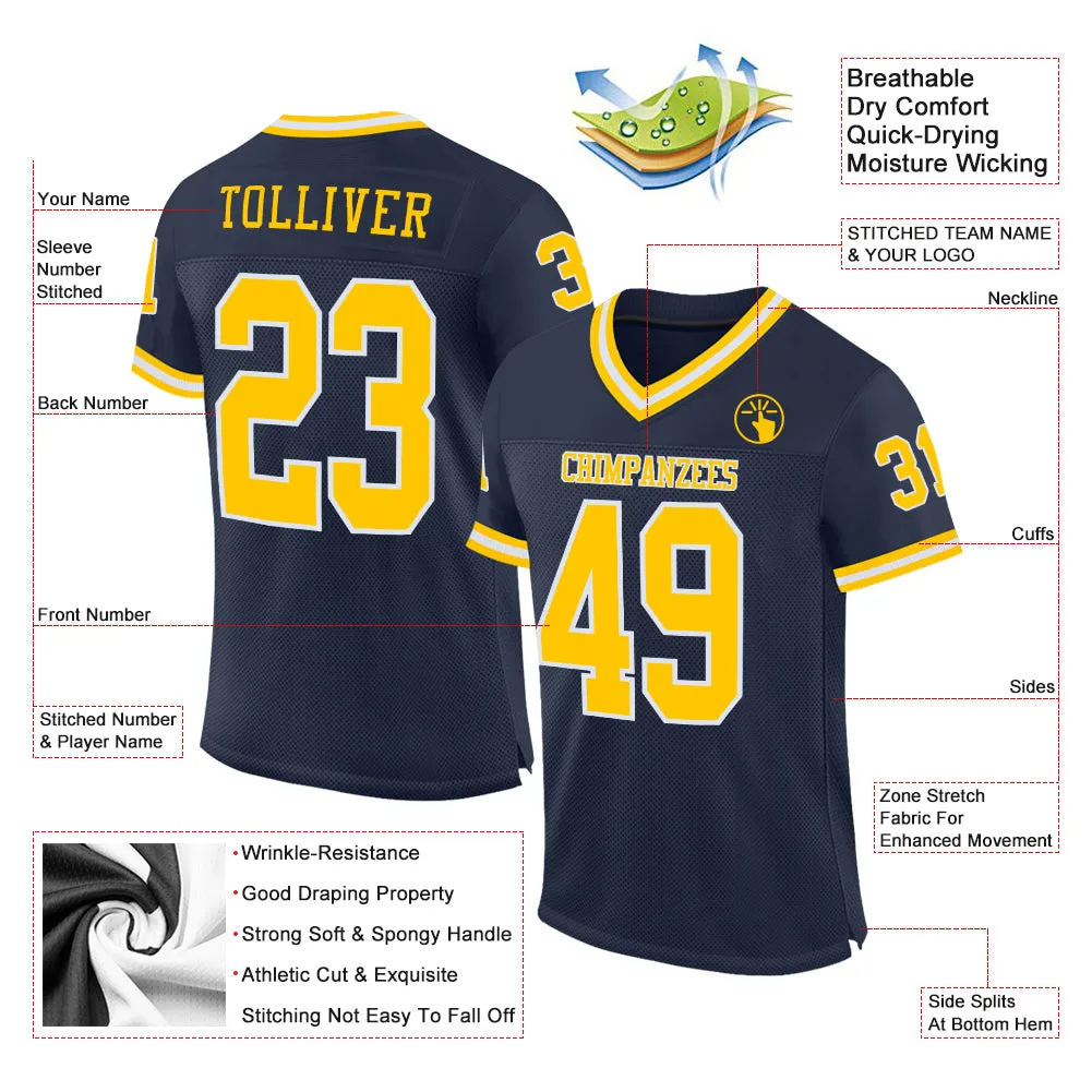 Custom Navy Gold-White Mesh Authentic Throwback Football Jersey FansIdea