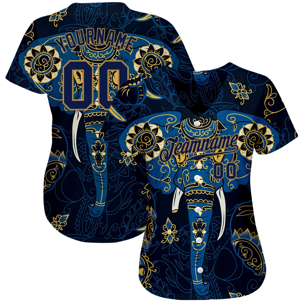 Custom Navy Navy-Old Gold 3D Pattern Design Elephant Authentic Baseball Jersey FansIdea