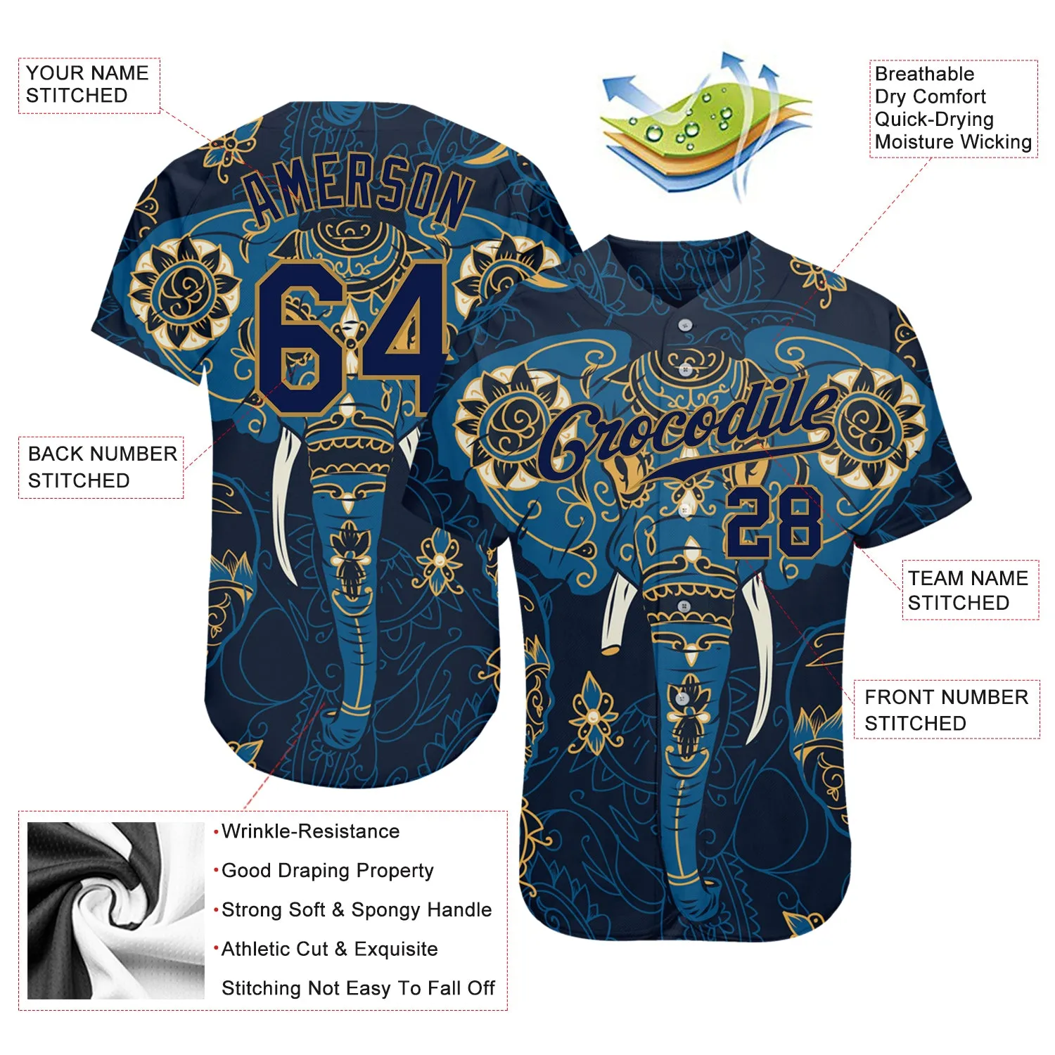 Custom Navy Navy-Old Gold 3D Pattern Design Elephant Authentic Baseball Jersey FansIdea