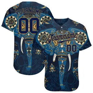 Custom Navy Navy-Old Gold 3D Pattern Design Elephant Authentic Baseball Jersey FansIdea