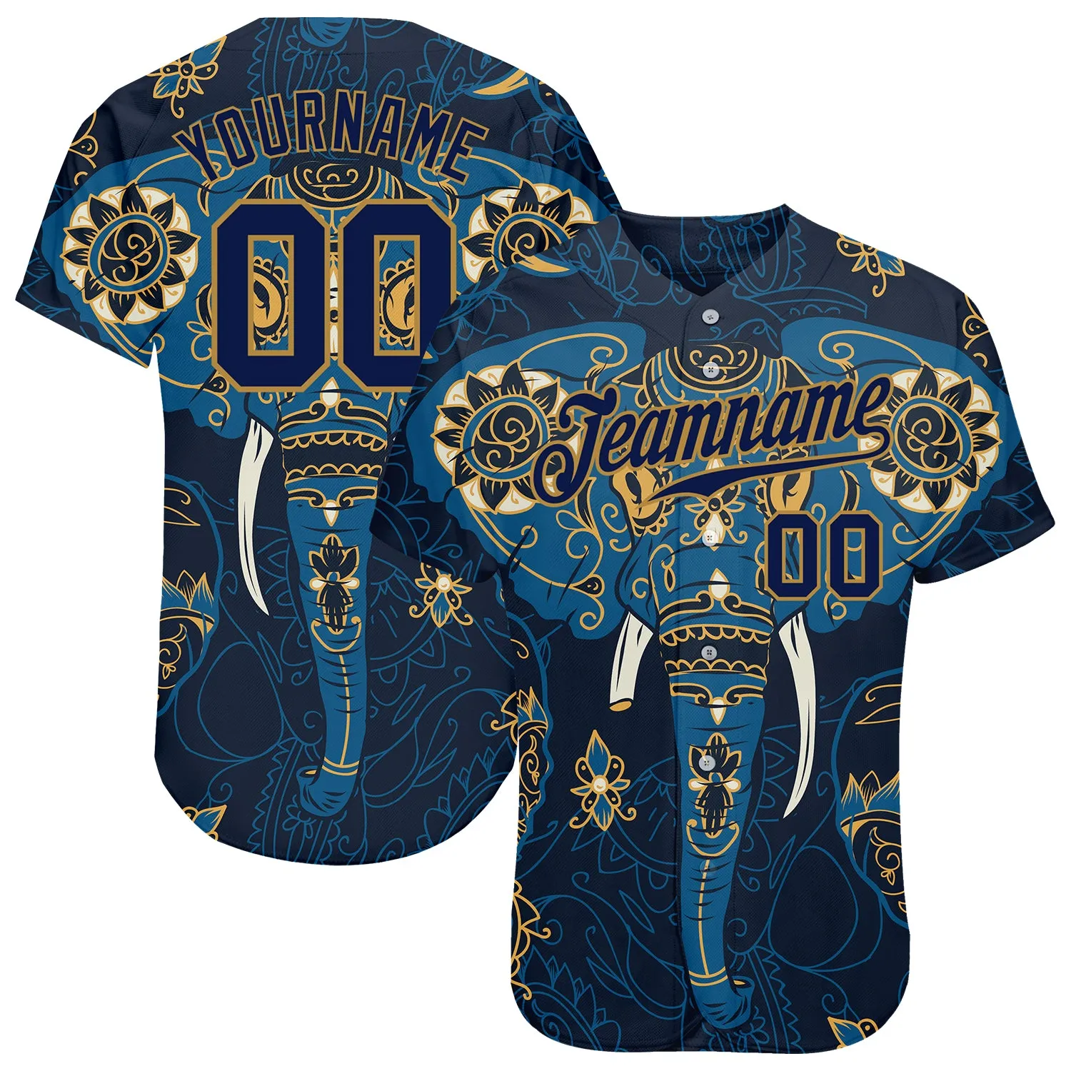 Custom Navy Navy-Old Gold 3D Pattern Design Elephant Authentic Baseball Jersey FansIdea
