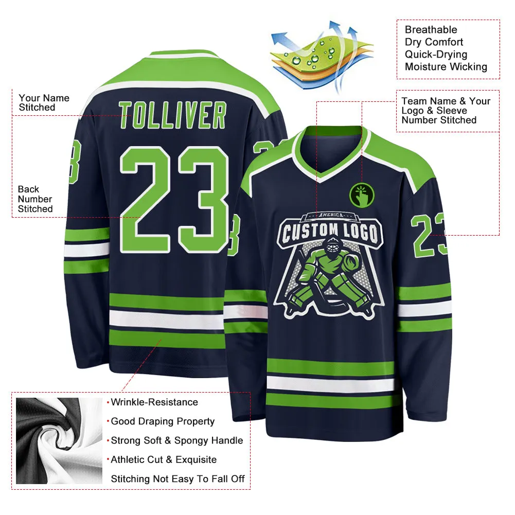 Custom Navy Neon Green-White Hockey Jersey FansIdea