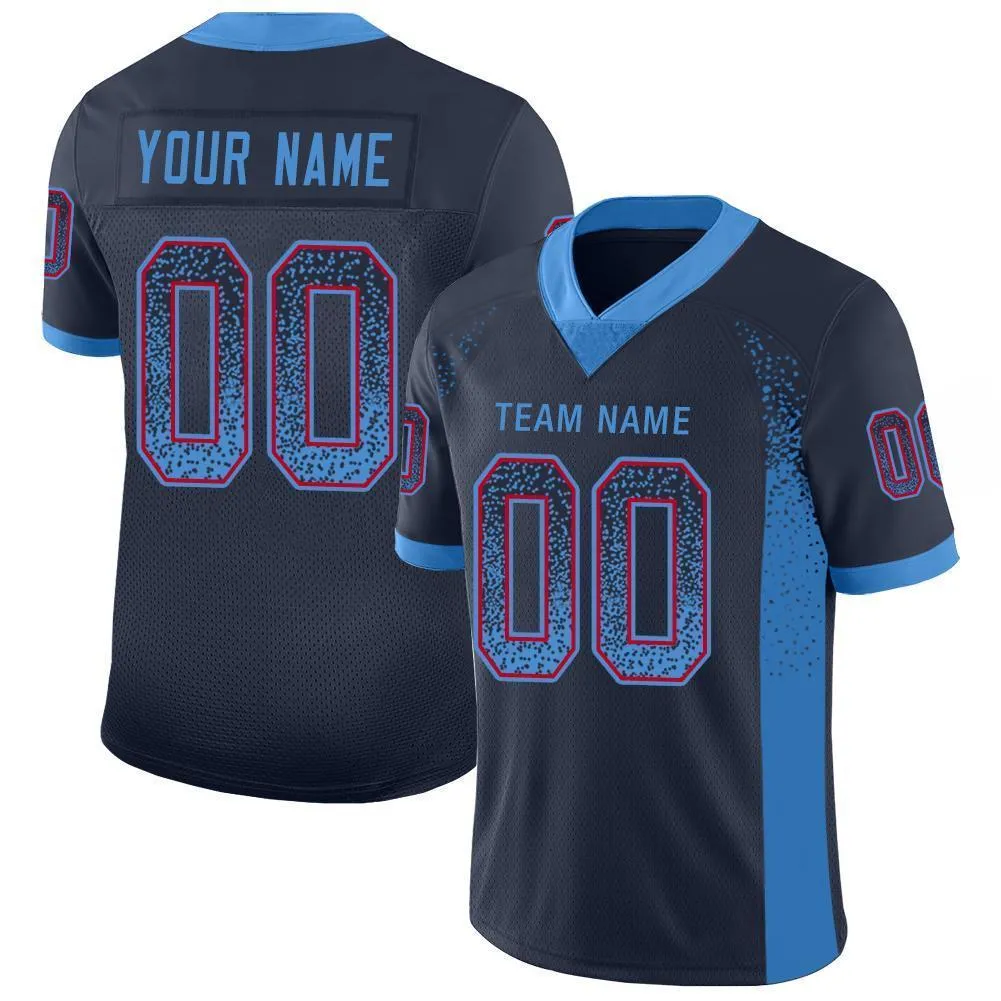 Custom Navy Powder Blue-Red Mesh Drift Fashion Football Jersey FansIdea
