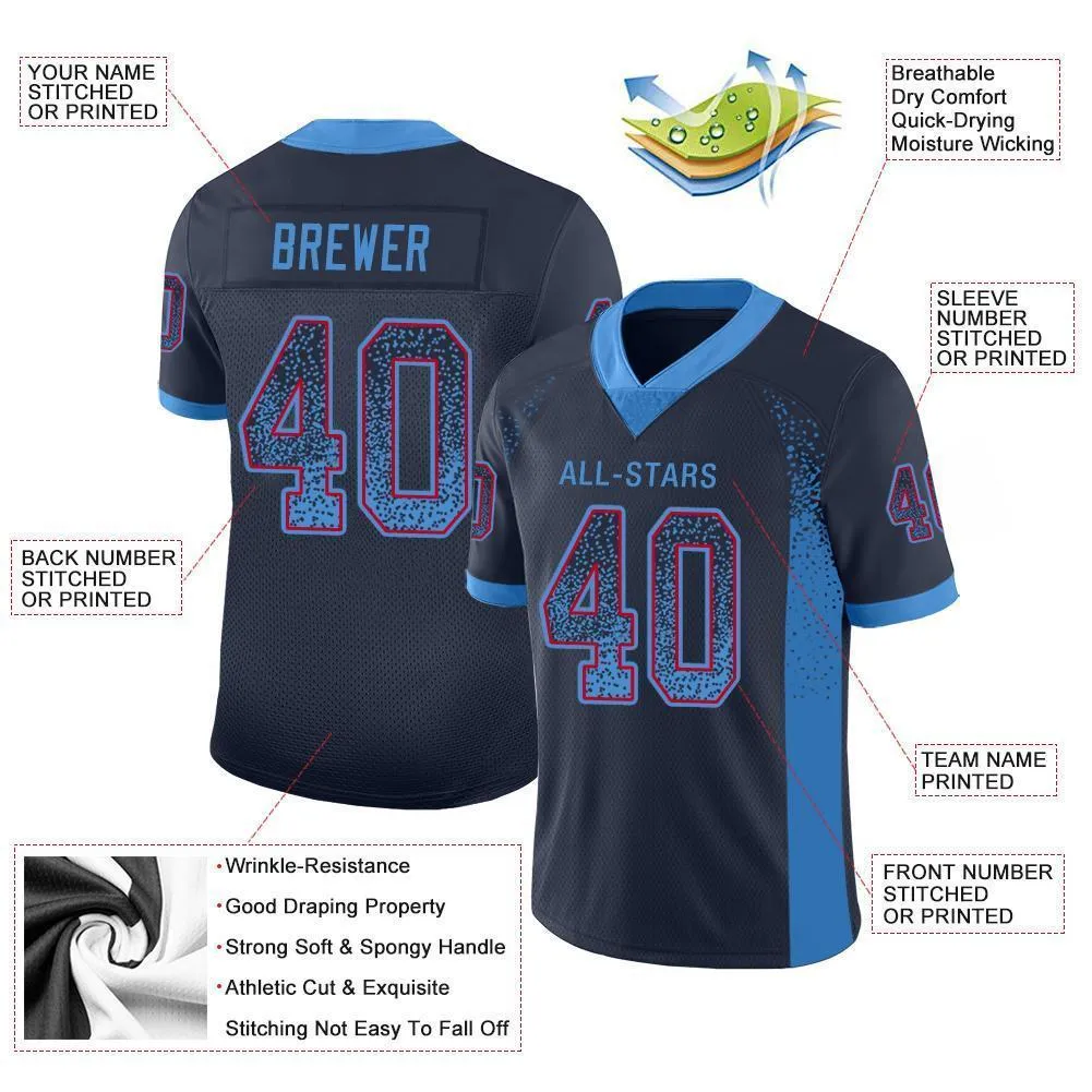 Custom Navy Powder Blue-Red Mesh Drift Fashion Football Jersey FansIdea
