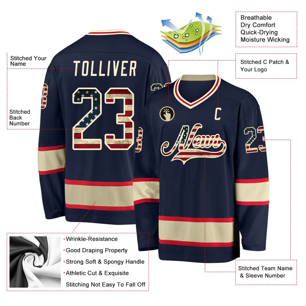 Custom Navy Vintage USA Flag-Cream Hockey Jersey FansIdea
