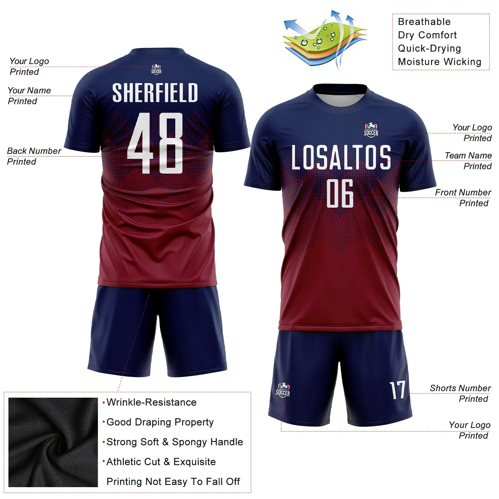 Custom Navy White-Crimson Sublimation Soccer Uniform Jersey FansIdea