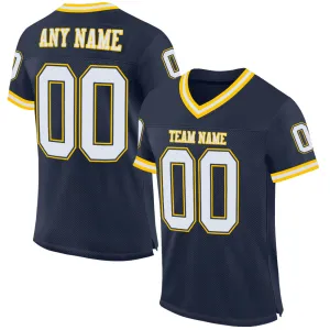Custom Navy White-Gold Mesh Authentic Throwback Football Jersey FansIdea