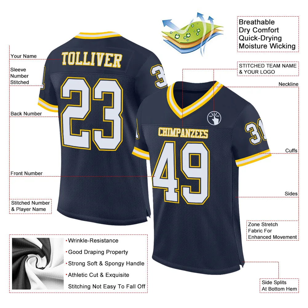 Custom Navy White-Gold Mesh Authentic Throwback Football Jersey FansIdea