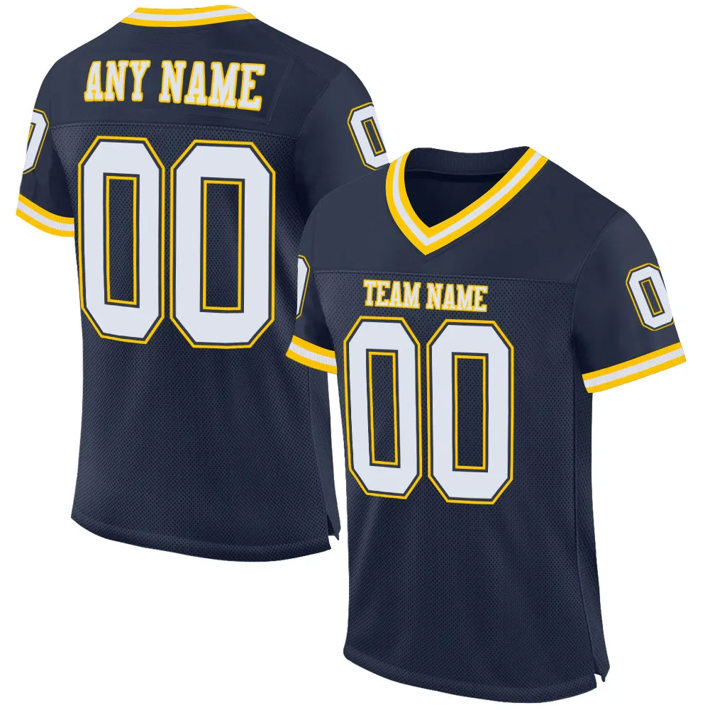 Custom Navy White-Gold Mesh Authentic Throwback Football Jersey FansIdea