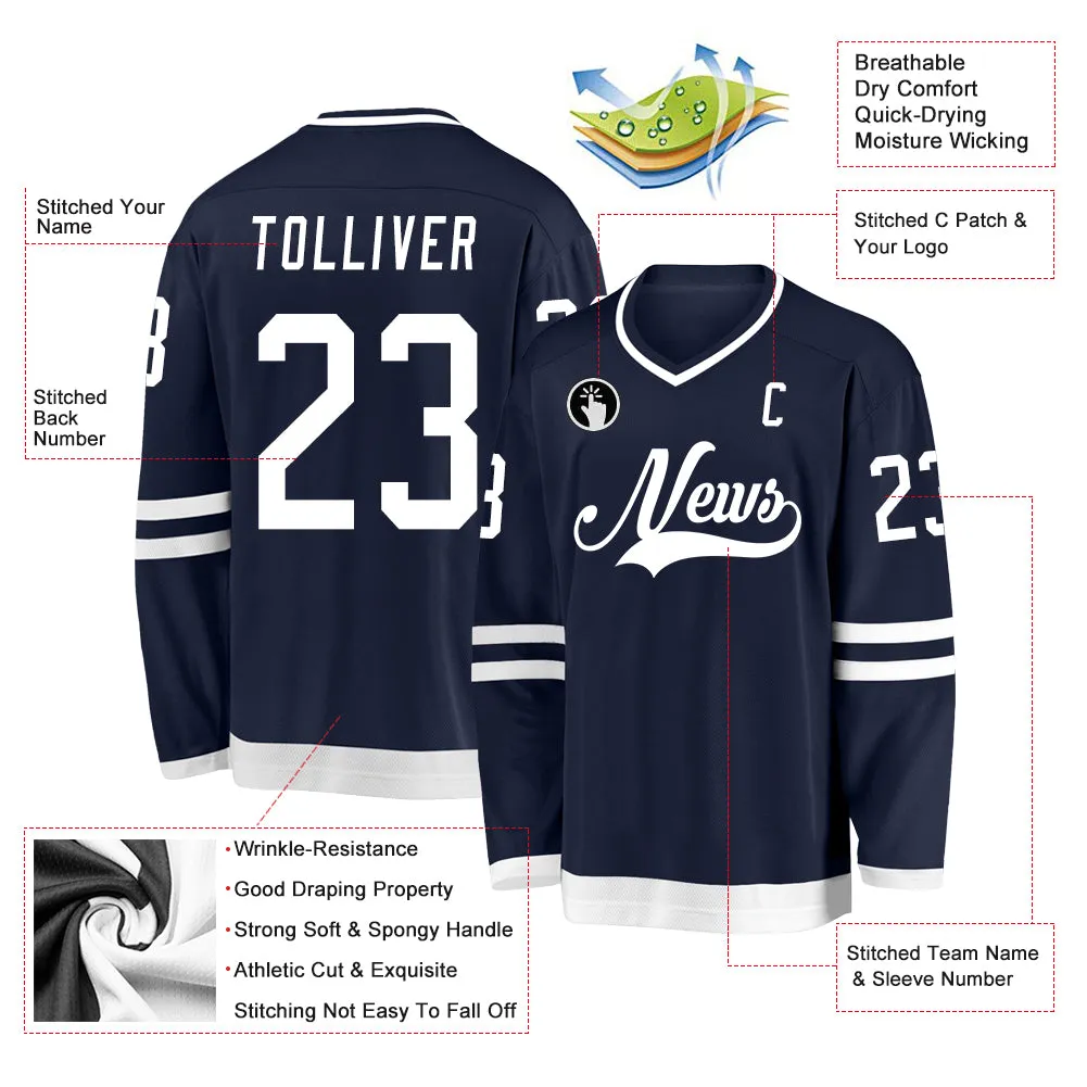 Custom Navy White Hockey Jersey FansIdea