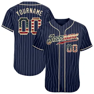 Custom Navy White Pinstripe Vintage USA Flag-Cream Authentic Baseball Jersey FansIdea