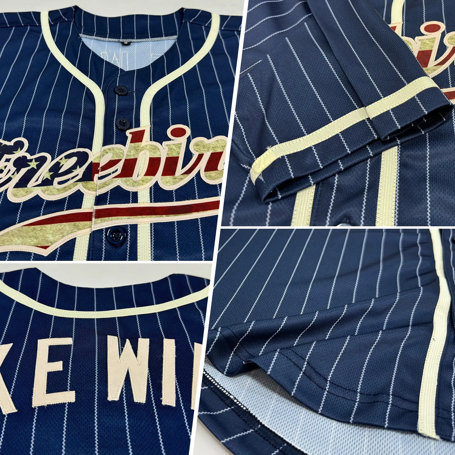 Custom Navy White Pinstripe Vintage USA Flag-Cream Authentic Baseball Jersey FansIdea