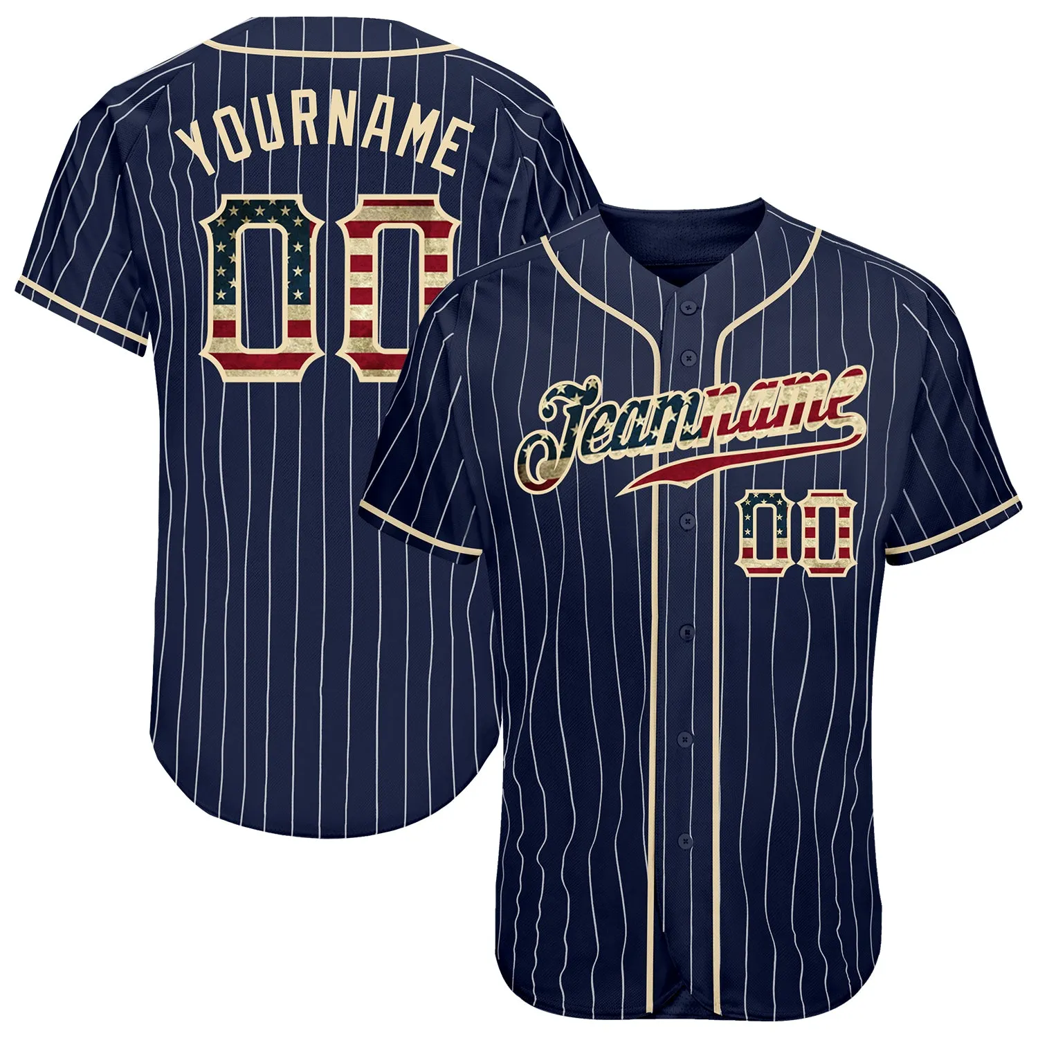 Custom Navy White Pinstripe Vintage USA Flag-Cream Authentic Baseball Jersey FansIdea