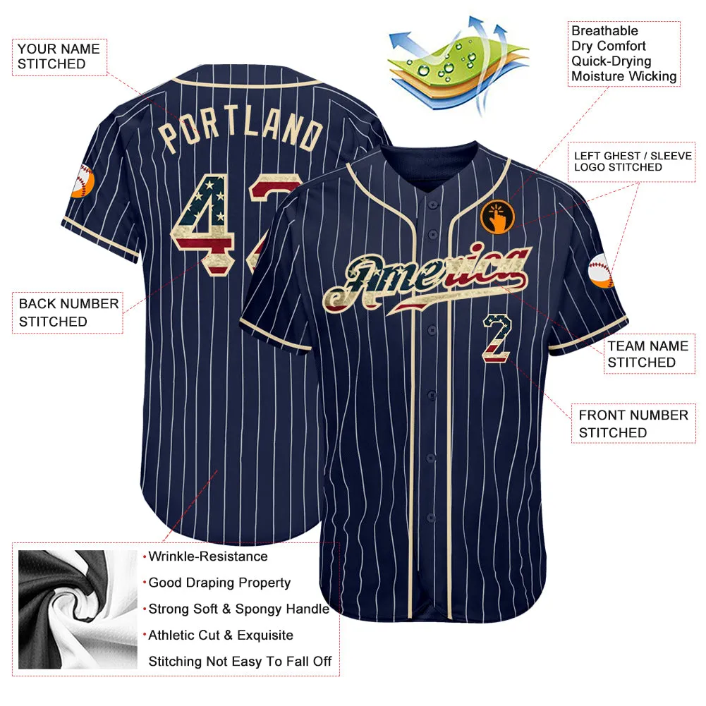 Custom Navy White Pinstripe Vintage USA Flag-Cream Authentic Baseball Jersey FansIdea