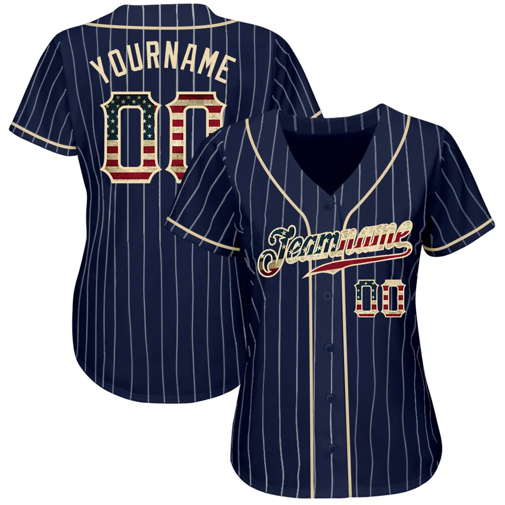 Custom Navy White Pinstripe Vintage USA Flag-Cream Authentic Baseball Jersey FansIdea