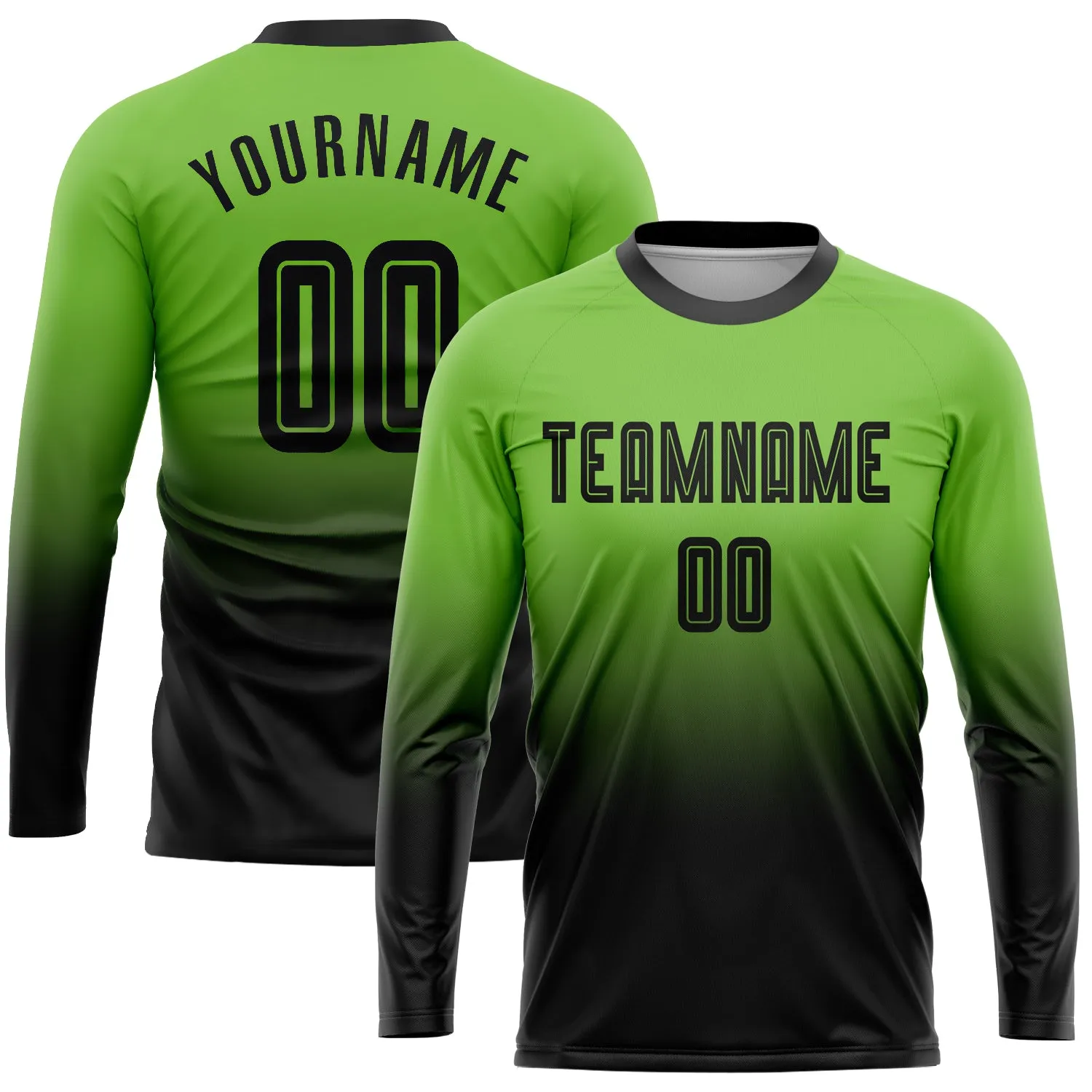 Custom Neon Green Black Sublimation Long Sleeve Fade Fashion Soccer Uniform Jersey FansIdea