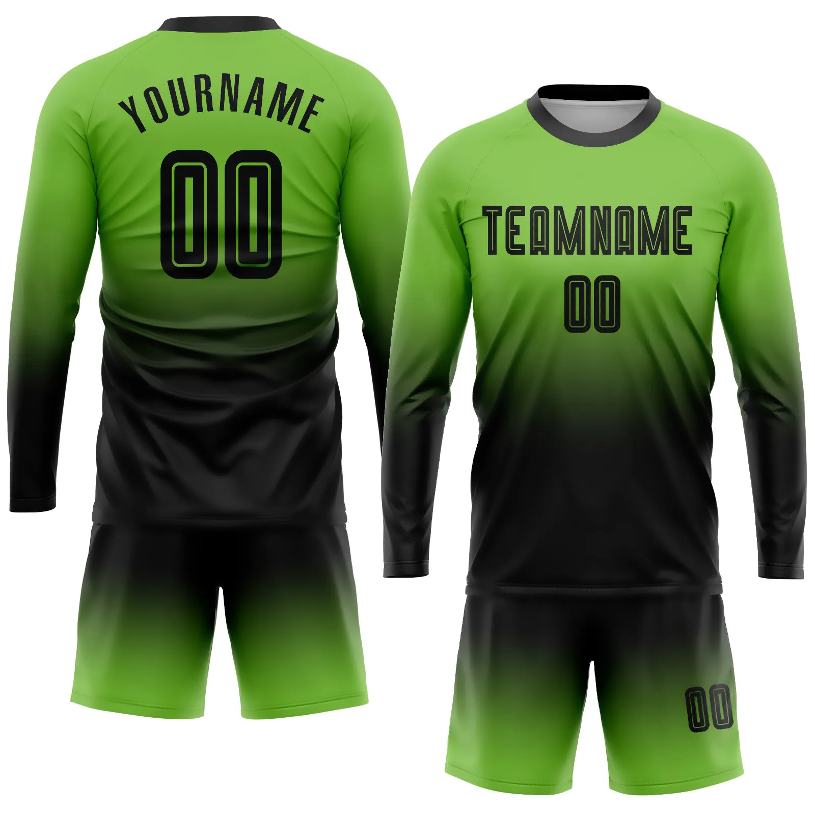 Custom Neon Green Black Sublimation Long Sleeve Fade Fashion Soccer Uniform Jersey FansIdea
