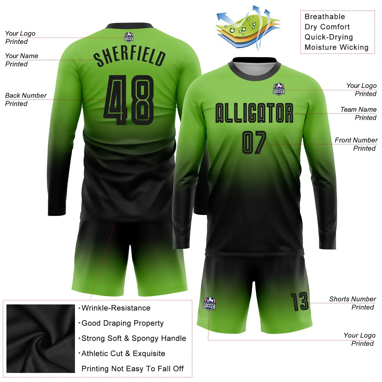 Custom Neon Green Black Sublimation Long Sleeve Fade Fashion Soccer Uniform Jersey FansIdea