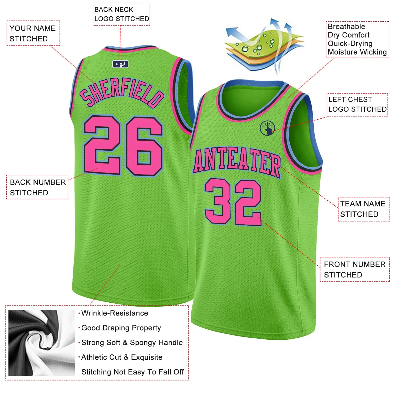 Custom Neon Green Pink-Light Blue Authentic Basketball Jersey FansIdea