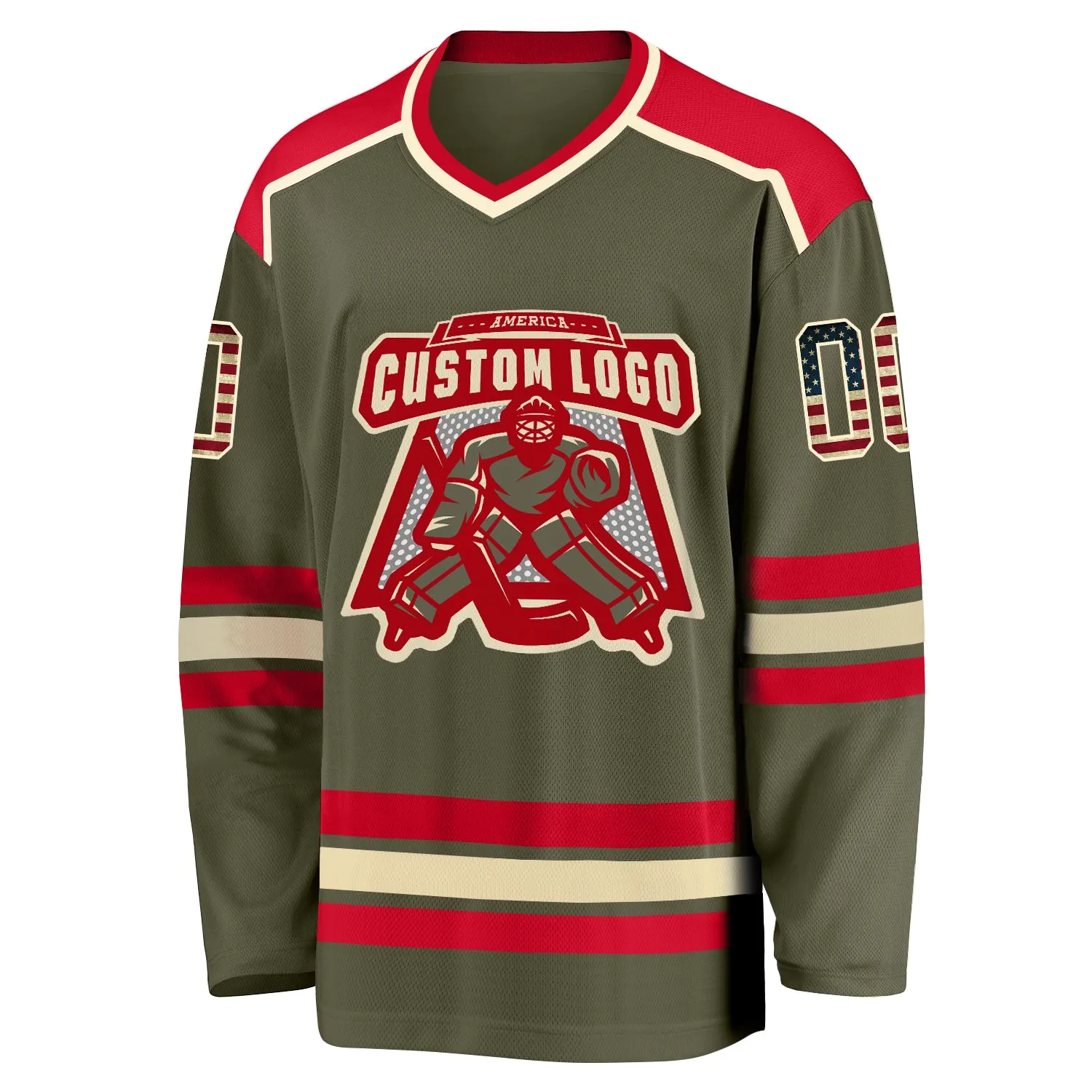 Custom Olive Vintage USA Flag Cream-Red Salute To Service Hockey Jersey FansIdea