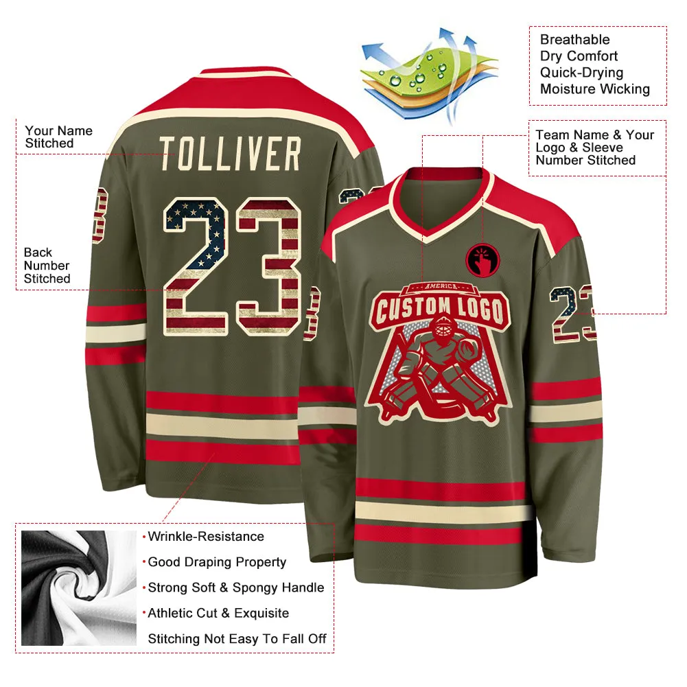 Custom Olive Vintage USA Flag Cream-Red Salute To Service Hockey Jersey FansIdea