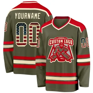 Custom Olive Vintage USA Flag Cream-Red Salute To Service Hockey Jersey FansIdea