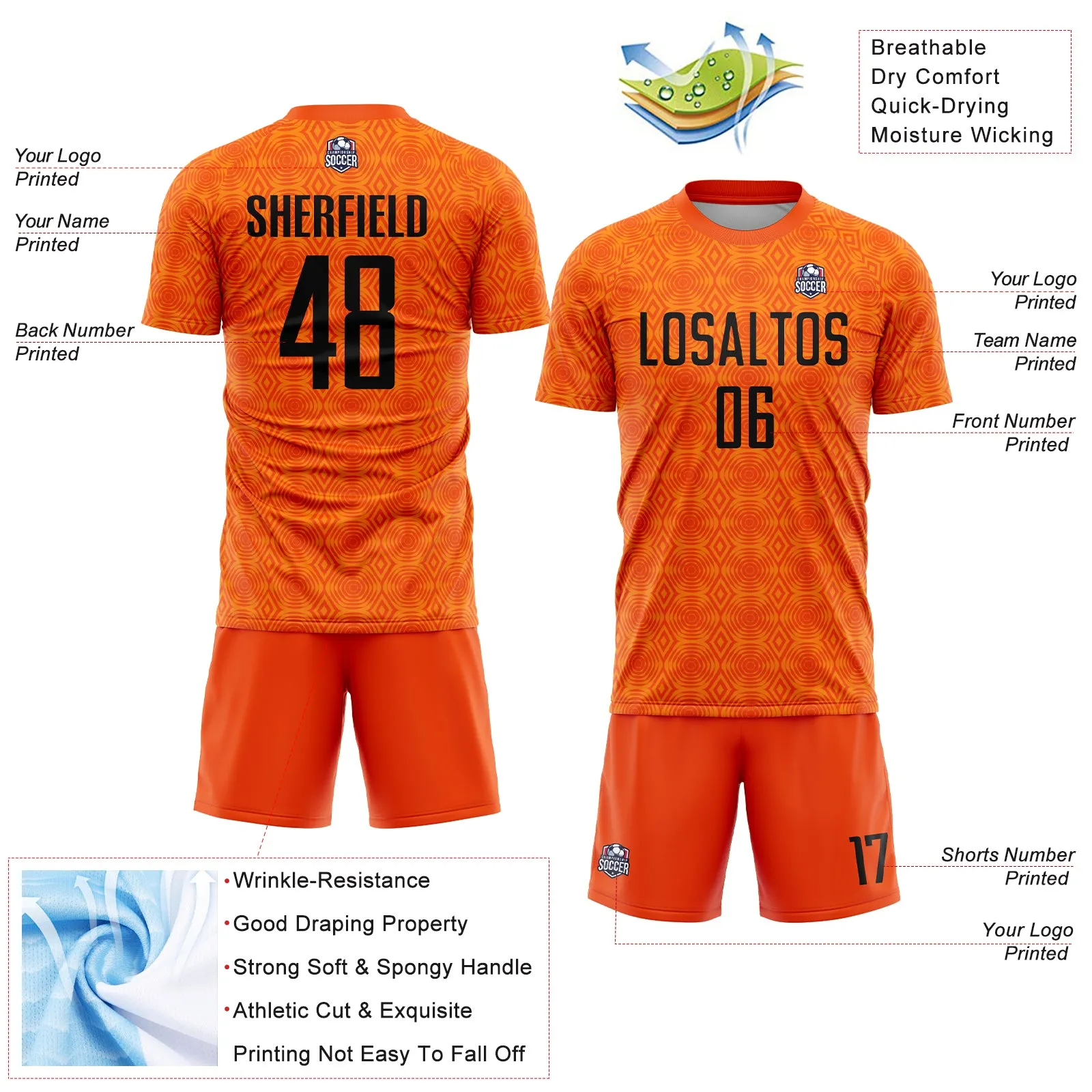 Custom Orange Black-Bay Orange Geometric Shapes Sublimation Soccer Uniform Jersey FansIdea