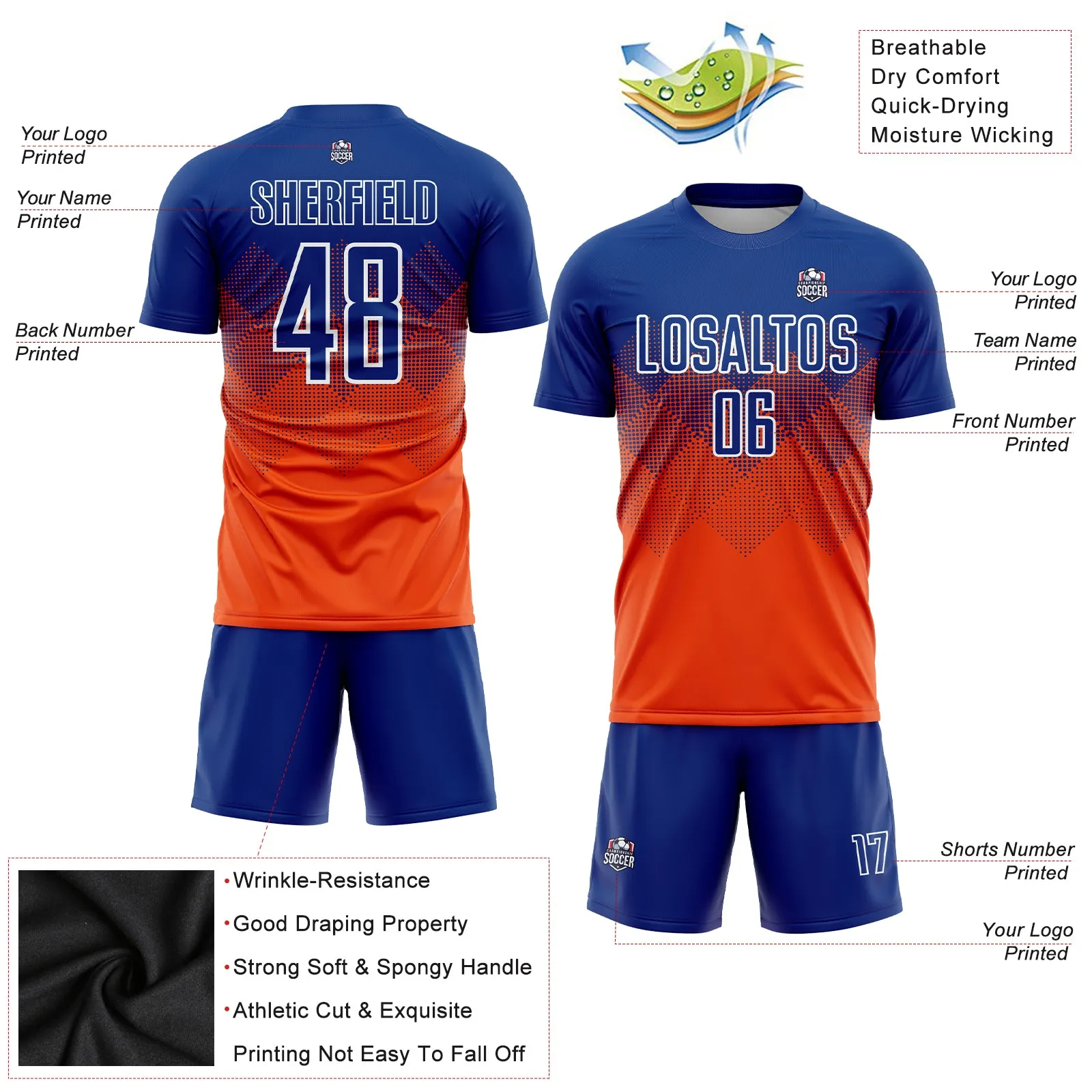 Custom Orange Royal-White Sublimation Soccer Uniform Jersey FansIdea