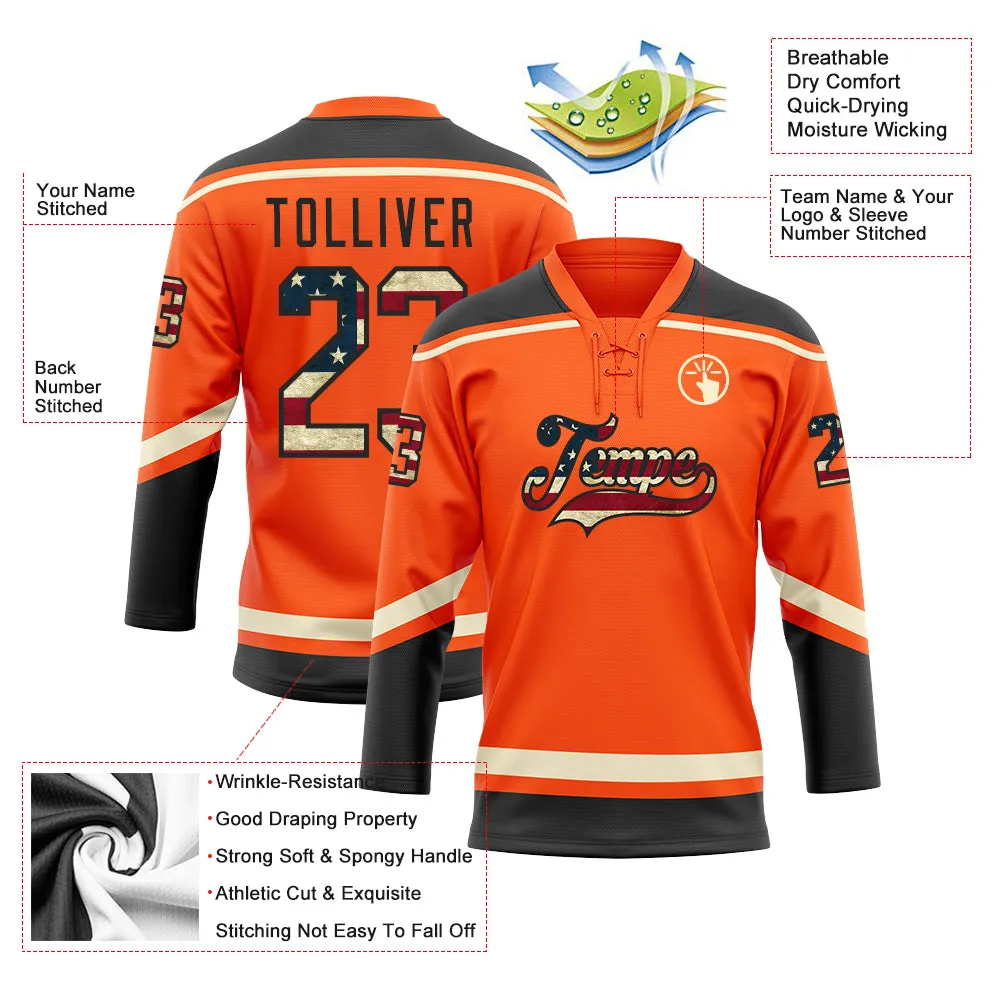Custom Orange Vintage USA Flag Black-Cream Hockey Lace Neck Jersey FansIdea