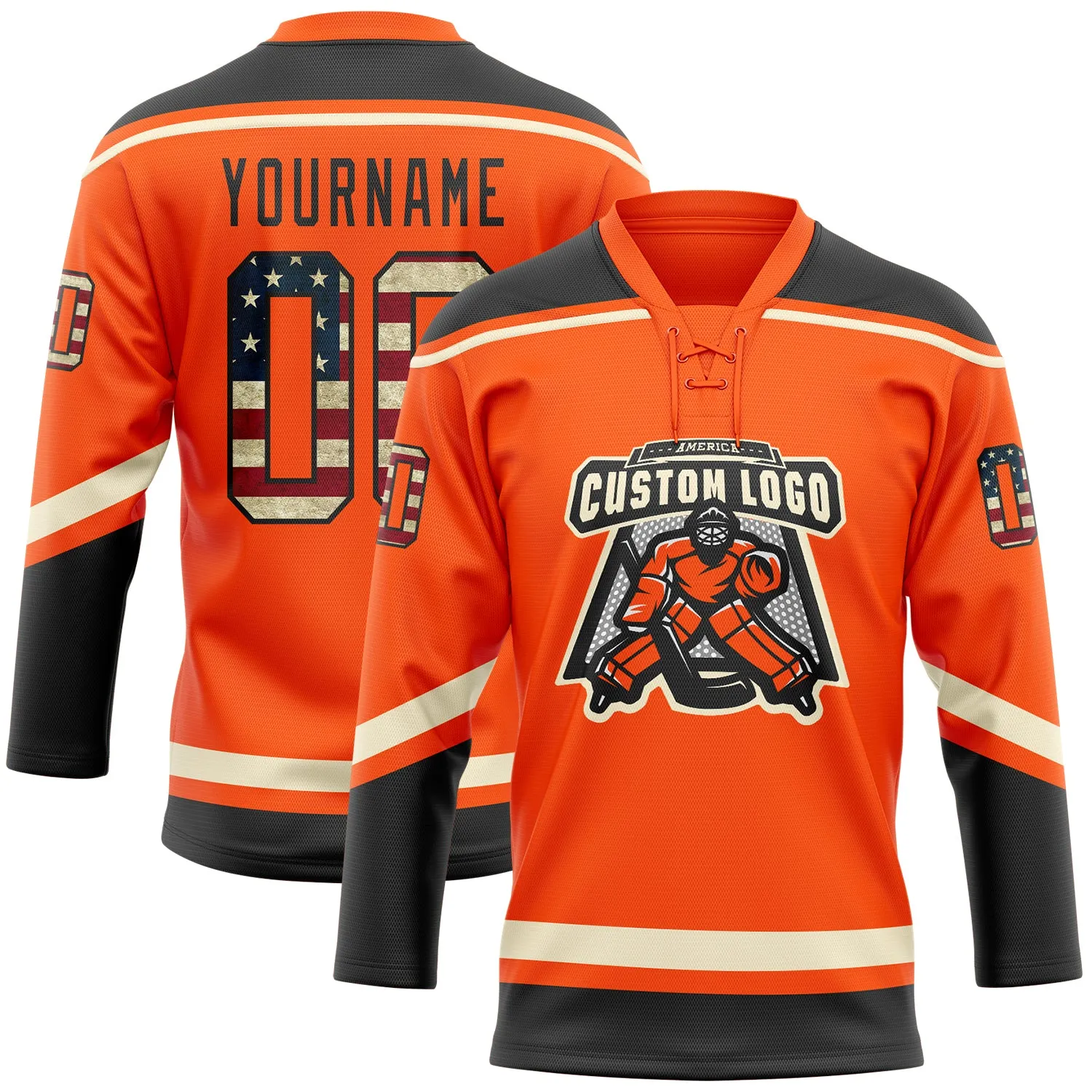 Custom Orange Vintage USA Flag Black-Cream Hockey Lace Neck Jersey FansIdea