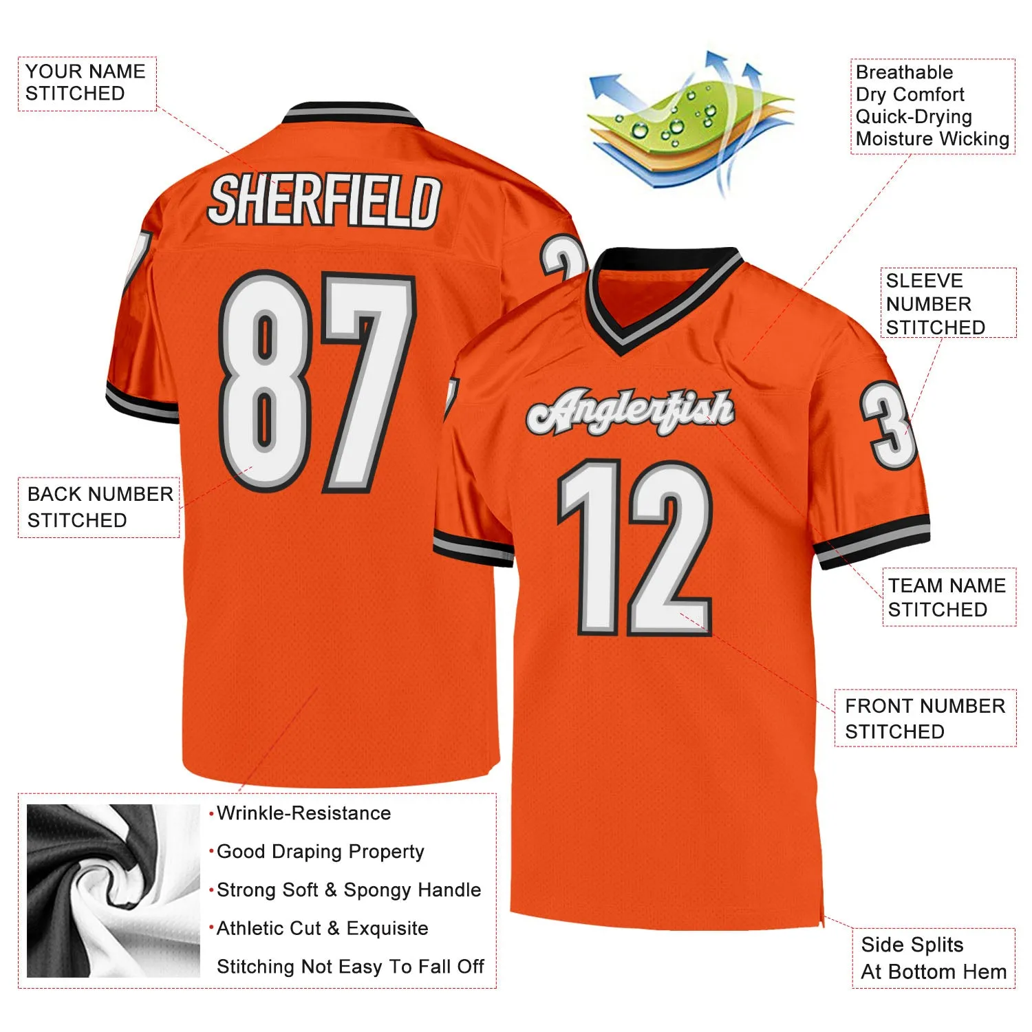 Custom Orange White-Black Mesh Authentic Throwback Football Jersey FansIdea