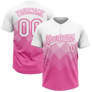 Custom Pink White 3D Pattern Gradient Square Shapes Two-Button Unisex Softball Jersey