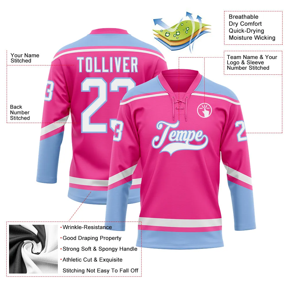 Custom Pink White-Light Blue Hockey Lace Neck Jersey FansIdea