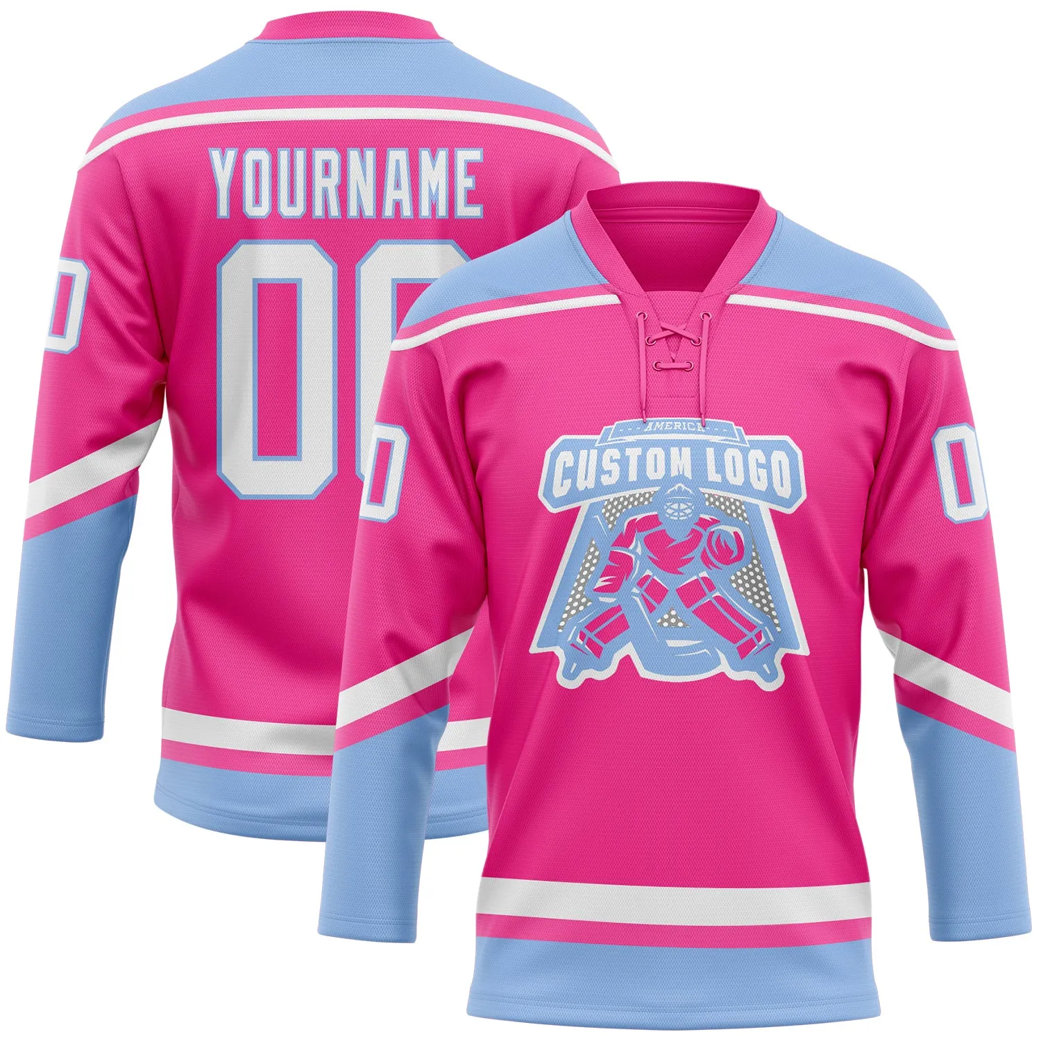 Custom Pink White-Light Blue Hockey Lace Neck Jersey FansIdea