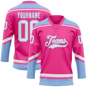 Custom Pink White-Light Blue Hockey Lace Neck Jersey FansIdea