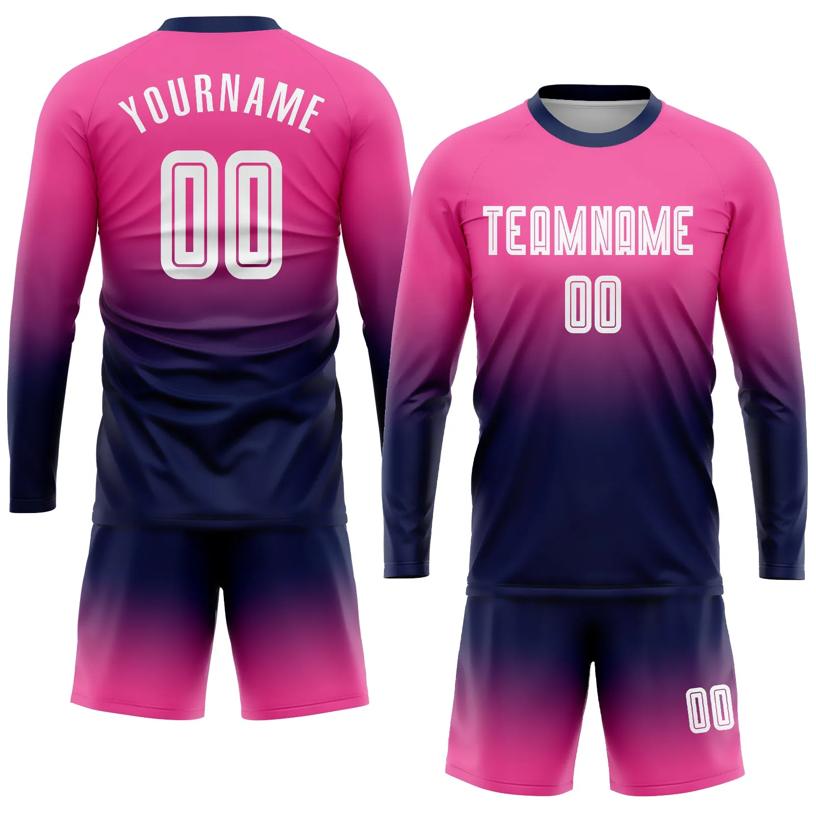 Custom Pink White-Navy Sublimation Long Sleeve Fade Fashion Soccer Uniform Jersey FansIdea