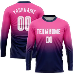 Custom Pink White-Navy Sublimation Long Sleeve Fade Fashion Soccer Uniform Jersey FansIdea
