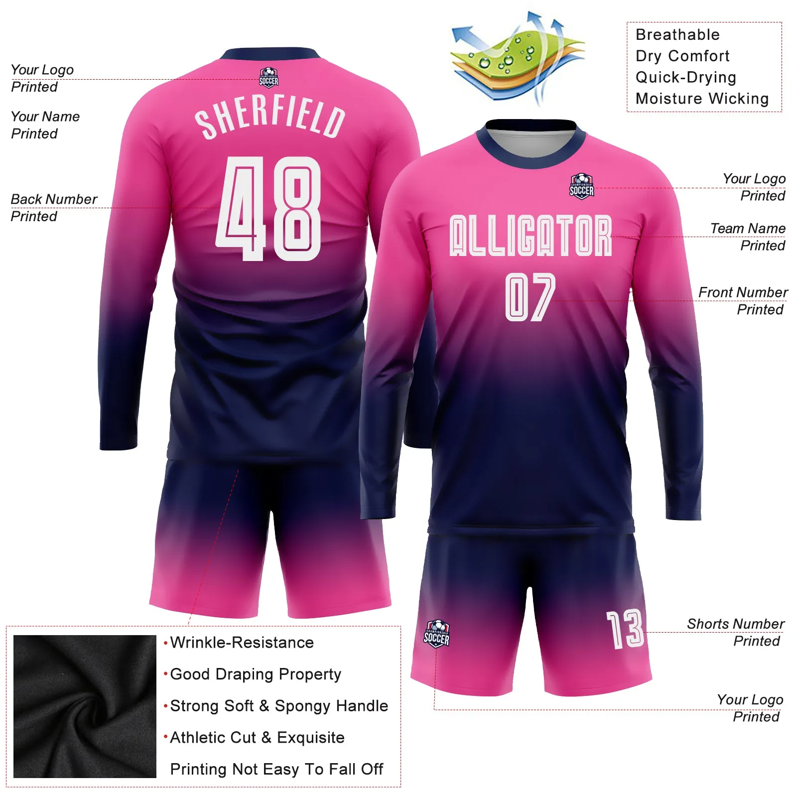 Custom Pink White-Navy Sublimation Long Sleeve Fade Fashion Soccer Uniform Jersey FansIdea