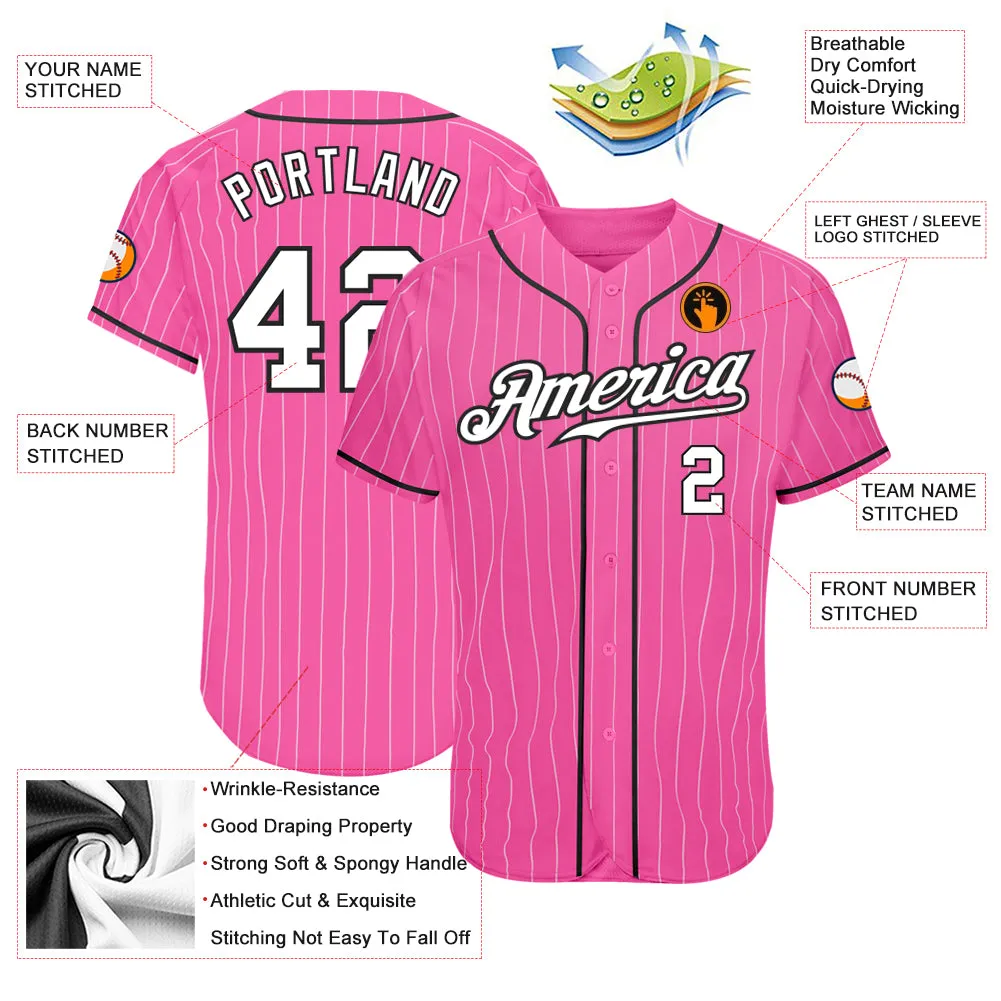 Custom Pink White Pinstripe White-Black Authentic Baseball Jersey FansIdea