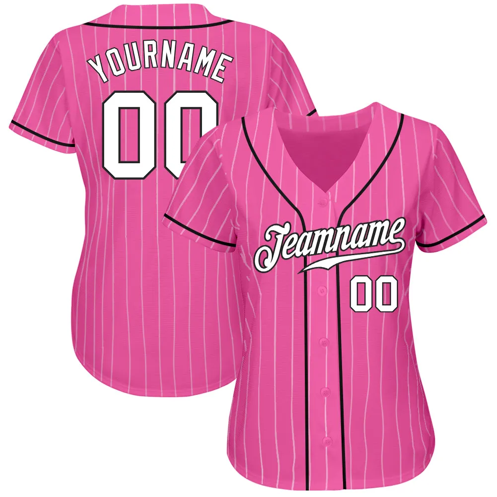 Custom Pink White Pinstripe White-Black Authentic Baseball Jersey FansIdea
