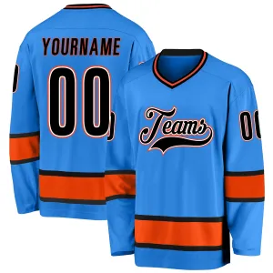 Custom Powder Blue Black-Orange Hockey Jersey FansIdea