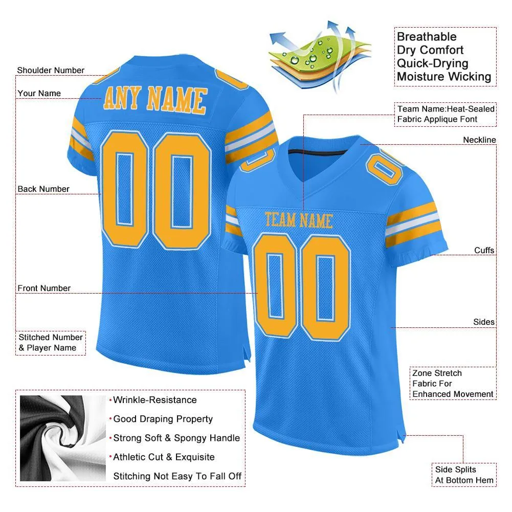 Custom Powder Blue Gold-White Mesh Authentic Football Jersey FansIdea