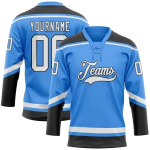 Custom Powder Blue White-Black Hockey Lace Neck Jersey FansIdea
