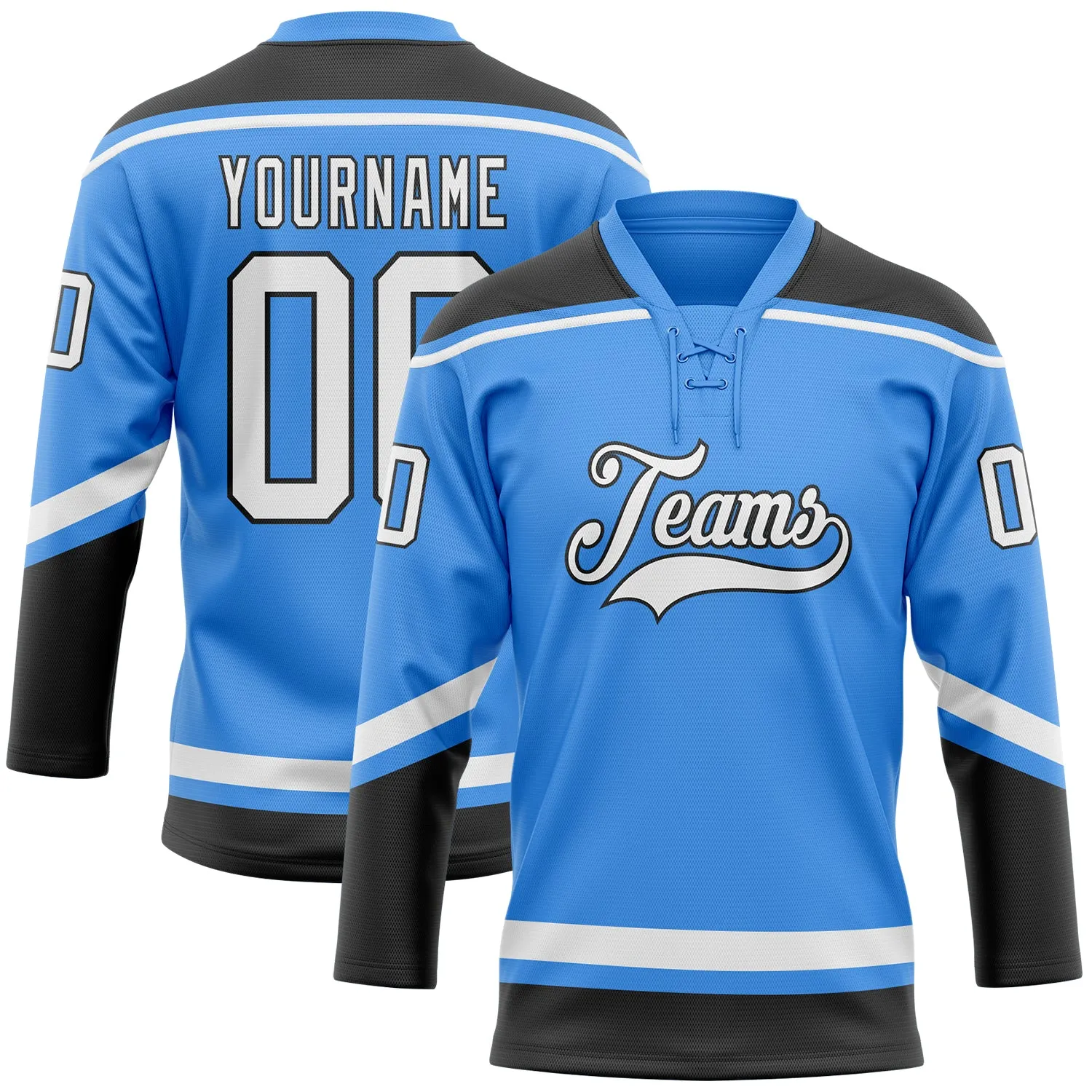 Custom Powder Blue White-Black Hockey Lace Neck Jersey FansIdea