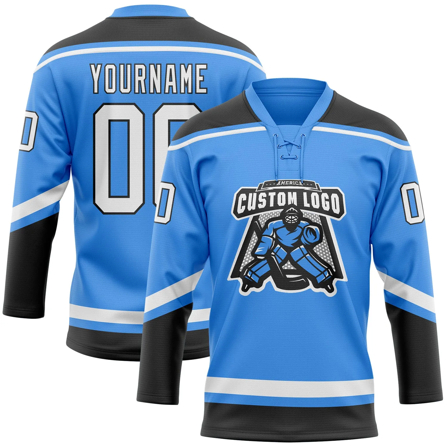 Custom Powder Blue White-Black Hockey Lace Neck Jersey FansIdea