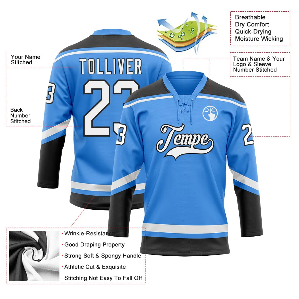 Custom Powder Blue White-Black Hockey Lace Neck Jersey FansIdea