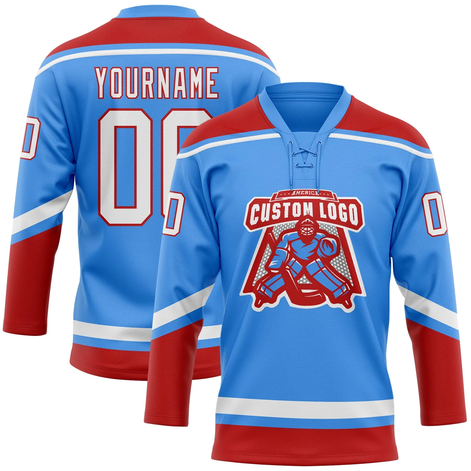 Custom Powder Blue White-Red Hockey Lace Neck Jersey FansIdea