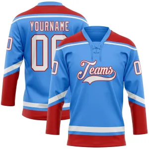 Custom Powder Blue White-Red Hockey Lace Neck Jersey FansIdea