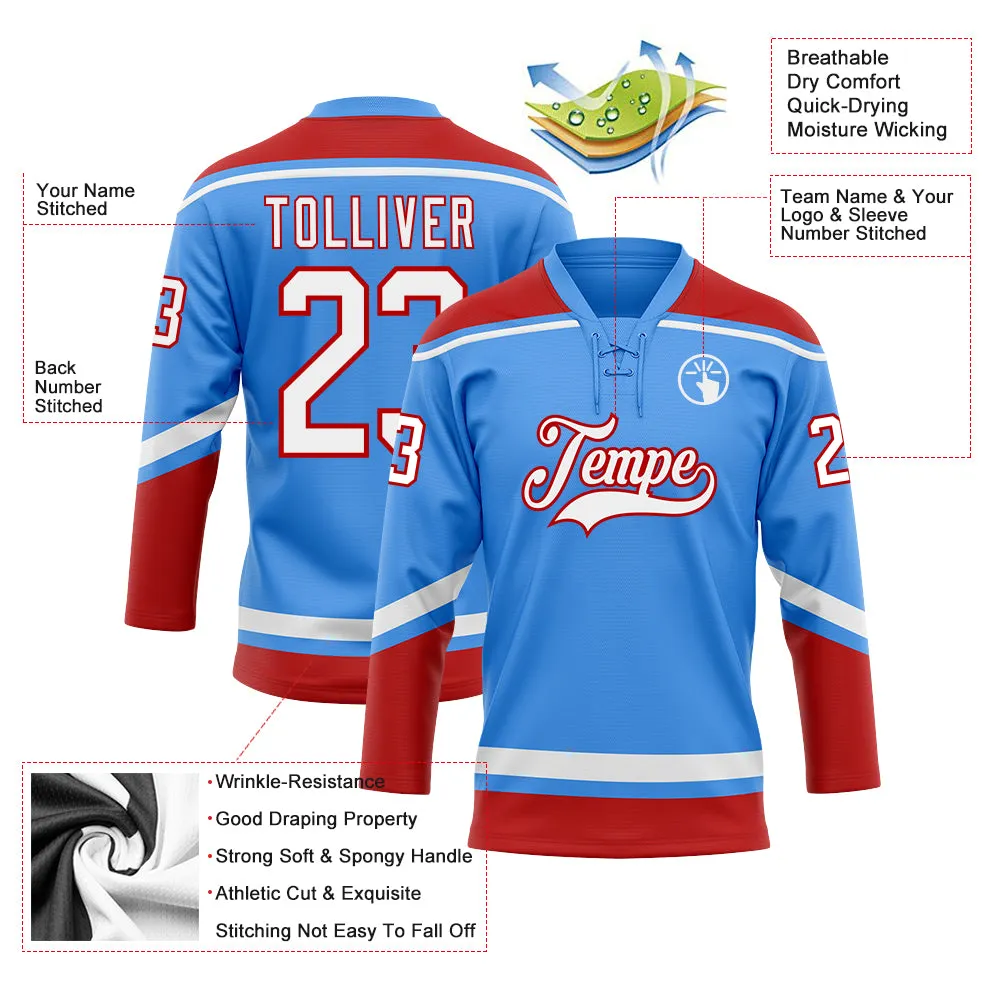 Custom Powder Blue White-Red Hockey Lace Neck Jersey FansIdea
