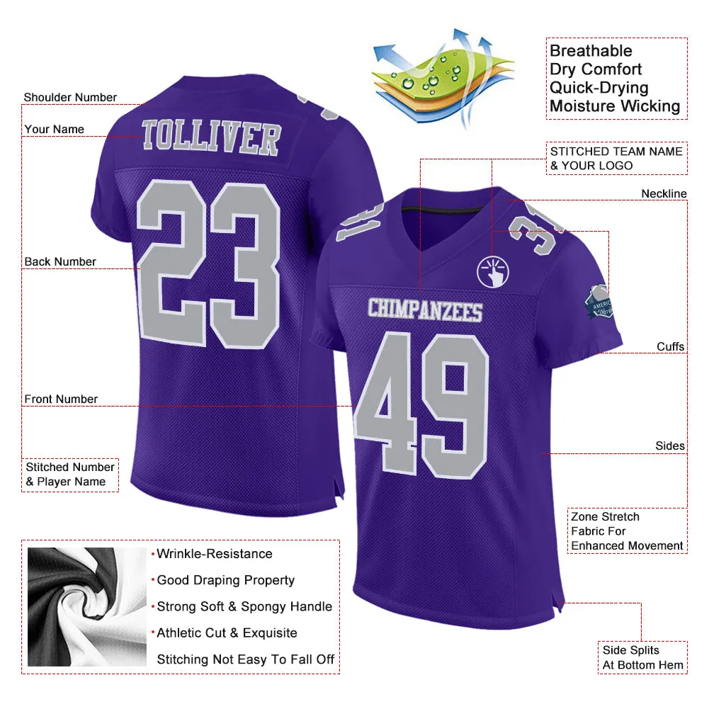 Custom Purple Gray-White Mesh Authentic Football Jersey FansIdea